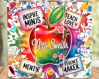 Personalized Teacher Tumbler PNG, 20oz Skinny Wrap Design, Custom Teacher Name Clipart, Teacher Appreciation Sublimation