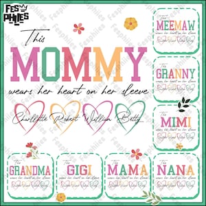 Custom This Mama/Grandma/Nana Wears Her Heart on Her Sleeve SVG Bundle, Mother&#39;s Day Gift, SVG Gift for Her, Custom Kids Names Png