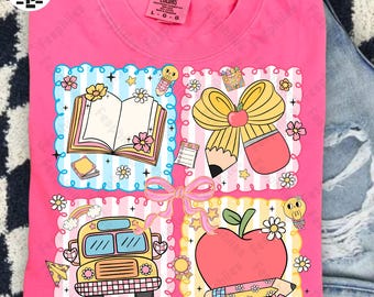 Preppy Back to School Floral Girly Png, Zaino scolastico, Libro con fiocco per matite Png, Ritorno a scuola Png, Civettuola Primo giorno disegnato a mano, Insegnante Png