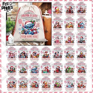 30+ roliga jultomtesäckar PNG-paket, anpassade tecknade julpng, tygkasse PNG, lägg till barnnamn PNG, personliga juldesigner