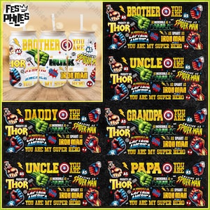 May include: White glass tumblers with superhero-themed designs. Each tumbler features a different superhero name: Brother, Hulk, Spider-Man, Uncle, Daddy, Grandpa, and Papa. The designs include comic book graphics and phrases like "You are my super hero."