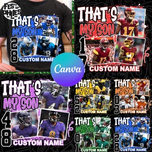 Peut inclure: T-shirt noir avec un motif "THAT'S MY SON" et des images de joueurs de football américain. Le motif comprend le numéro 20 et l'option d'un nom personnalisé. D'autres motifs montrent différents numéros et équipes.