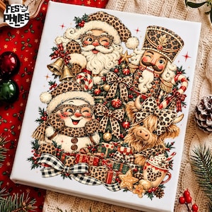 May include: A white canvas print featuring a festive illustration of Santa Claus, a nutcracker, a snowman, and a Highland cow, all wearing leopard print accessories. The scene includes Christmas presents, bells, and a mug with a mouse icon.