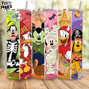 May include: A set of five stainless steel tumblers with Halloween-themed cartoon character designs. Each tumbler features a different character, including Goofy as a skeleton, Donald Duck, and Mickey Mouse as a mummy. The tumblers have a silver straw.