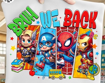May include: A white square pillow featuring the text "BRUH WE BACK" in colorful letters above four vertical panels. Each panel depicts a chibi-style superhero: Thor with books, Captain America, Spider-Man on roller skates, and Iron Man with a globe.