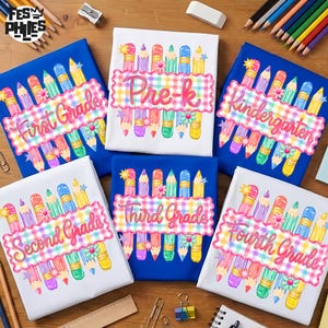 Preppy Back To School PNG Bundle, Colorful Gingham Stripes Design, School Girl First Day PNG, Pre-K To 4th Grade Crayon PNG, Digital File