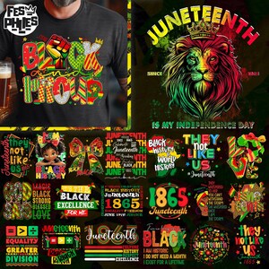May include: Black t-shirt with the words "BLACK & PROUD" in colorful letters. A lion with a crown in red, yellow, and green is featured, along with the text "JUNETEENTH IS MY INDEPENDENCE DAY". Additional Juneteenth-themed graphics are also included.