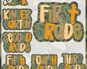 Retro Back To School Camouflage Png Bundle, Kindergarten Dude, Pre K Png, Retro First/ Second/ Third Grade Design, First Day Of School Png