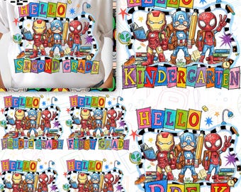 Superhero Back To School PNG, Retro Kids School Shirt Bundle, Hello School Boy Design, Kindergarten Pre K First Grade Sublimation