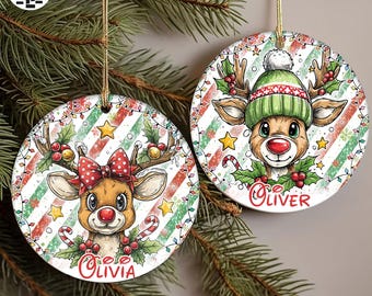 Custom Reindeer Christmas Ornament PNG, Trendy Boy Girl Christmas Round Ornament PNG, Personalized Christmas Ornament, Kids Name Ornament