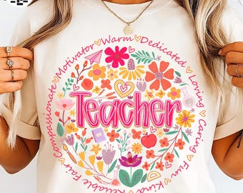 Retro Floral Teacher png, Teacher Appreciation Png, Teacher Png Sublimation Design, Teacher Shirt Design, Spring Boho Wildflowers Png