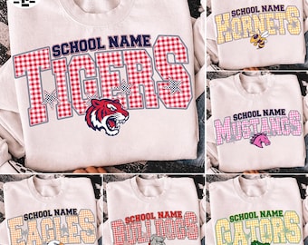 Personalized School Mascot PNG, Gingham Game Day Design, Retro Varsity Letters PNG, Preppy Whimsy School Team, Back To School Shirt