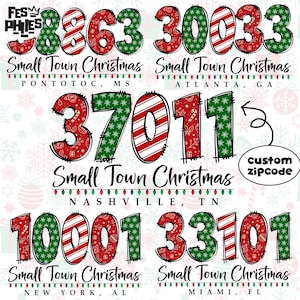 May include: A festive graphic displaying Christmas-themed zip codes: 38863, 30033, 37011, 10001, and 33101. Each zip code is adorned with red and green patterns, with the text "Small Town Christmas" beneath. City names are also included.