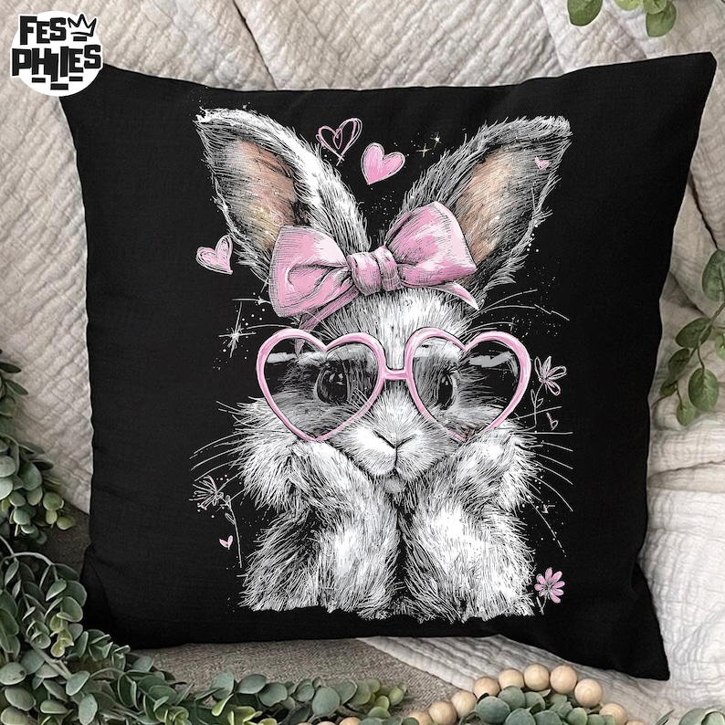 Puede incluir: Coj&iacute;n cuadrado negro con una ilustraci&oacute;n caprichosa de un conejito con gafas en forma de coraz&oacute;n y un lazo rosa. El conejito es blanco y gris con detalles en rosa, rodeado de corazones rosas y detalles florales. El coj&iacute;n tiene el texto "FES PHIES".