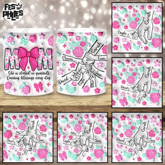 Mama 11oz Mug Template, Mom Custom Up to 6 Kids Holding Mom's Hand 3D Inflated Mug Wrap, Mom Floral 11oz Mug PNG, Mother's Day Coffee Mugs