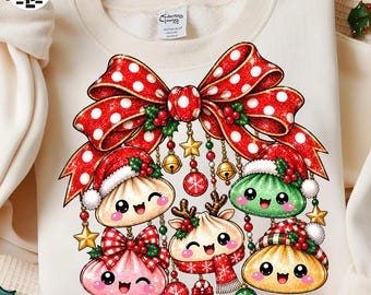 Christmas Dumpling PNG, Cute Kawaii Food Clipart, Preppy Bow Christmas PNG, Holiday Sublimation Design, Festive Squishy PNG