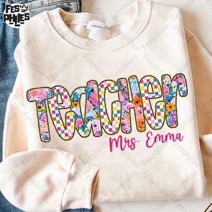 Custom Boho Floral Teacher Png, Preppy Teacher Floral Glitter Png, Teacher Life Png, Checkered Sublimation, Custom Preppy Teacher Design