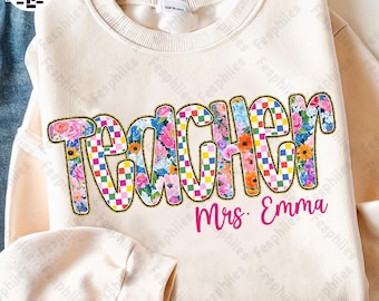 Benutzerdefinierte Boho Floral Lehrer Png, Adrette Lehrerin Floral Glitter Png, Lehrerleben Png, karierte Sublimation, benutzerdefinierte Preppy Lehrer Design