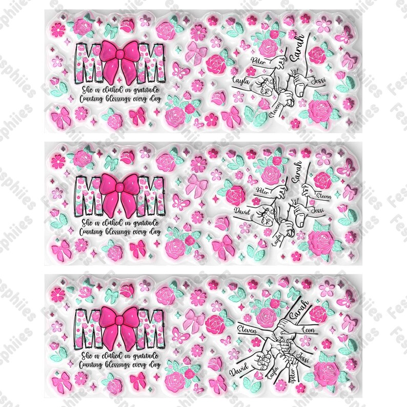 May include: Three pink and white mugs with a floral design and the word "MOM" in pink with a pink bow. The mugs also have a design of hands holding each other with names written on each hand. The text on the mugs reads "She is clothed in gratitude, Counting blessings every day."