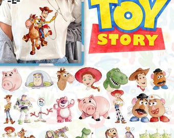 May include: Cream-colored t-shirt featuring a watercolor illustration of Woody and Bullseye from Toy Story. Below, various Toy Story character illustrations are displayed, including Buzz Lightyear, Jessie, and Mr. Potato Head. The Toy Story logo is also visible.