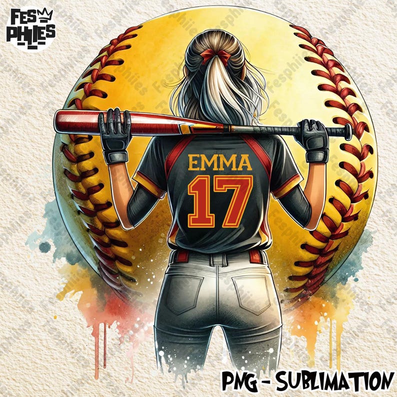 May include: A watercolor illustration of a softball player wearing a black jersey with the name "EMMA" and the number "17" in red and yellow. The player is holding a baseball bat and standing in front of a yellow and brown softball.