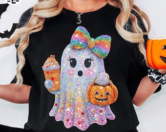 Retro Spooky Boo Ghost PNG, Trendy Halloween Rhinestones Ghost Png, Cute Ghost Pumpkin Design, Neon Coffee Ghost, Fun Spooky Vibes Halloween