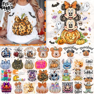 Puede incluir: Camiseta blanca con un dise&ntilde;o de calabaza con lazo de estampado de leopardo. El dise&ntilde;o incluye murci&eacute;lagos y estrellas. Otras im&aacute;genes muestran calabazas y personajes de Disney con tem&aacute;tica de Halloween.
