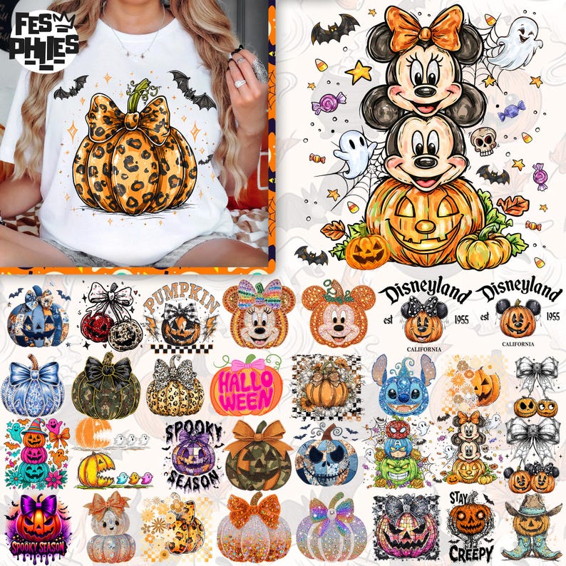 Puede incluir: Camiseta blanca con un dise&ntilde;o de calabaza con lazo de estampado de leopardo. El dise&ntilde;o incluye murci&eacute;lagos y estrellas. Otras im&aacute;genes muestran calabazas y personajes de Disney con tem&aacute;tica de Halloween.