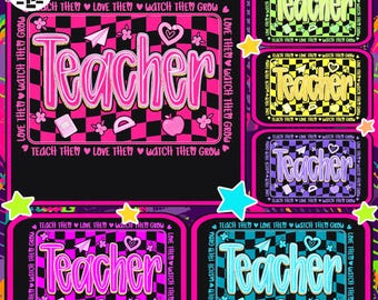 Retro Neon Teacher Png Bundle, Colorful Checkered Teacher Sublimation, Back To School Png, Groovy Love Them Teach Them Watch Them Grow Png