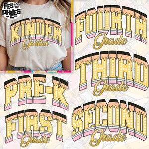 Retro Back to School PNG Neon Disstressed Bundle, Girly Pink Bow Pencil, Coquette Kindergarten Pre-K 1st 2nd 3rd 4th Grade Png, Hand Drawn
