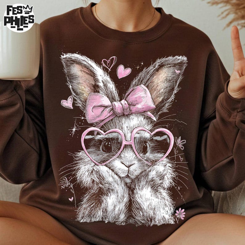 Puede incluir: Sudadera marr&oacute;n con un dise&ntilde;o de un conejo blanco y gris con gafas de coraz&oacute;n y un lazo rosa. El dise&ntilde;o incluye corazones y flores. La sudadera tiene cuello redondo y mangas largas, ideal para uso diario.