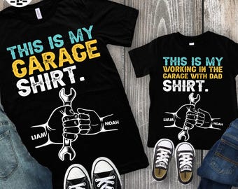 Custom This Is My Garage Shirt Design For Dad, Daddy And Kids Png, Father's Day Garage Matching Shirt Png, Personalized Name Fist Bump Png