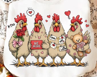 Farm Chicken Valentine PNG, Funny Farming Hen Design, Valentine’s Day Chicken Row Clipart, Kids Farm Valentine PNG, Digital File
