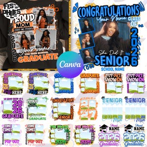 65+ Graduate 2026 Canva Editable Bundle, Bootleg Rap Tee Senior Templates, Class of 2026 Graduation Shirt Design Collection