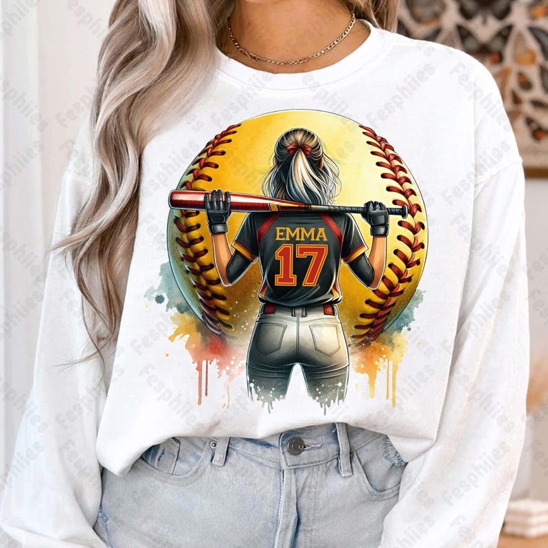 May include: A white long-sleeve shirt with a watercolor design of a softball player holding a bat. The player is wearing a black and red jersey with the number 17 and the name "EMMA" on the back. The softball is yellow with red stitching.