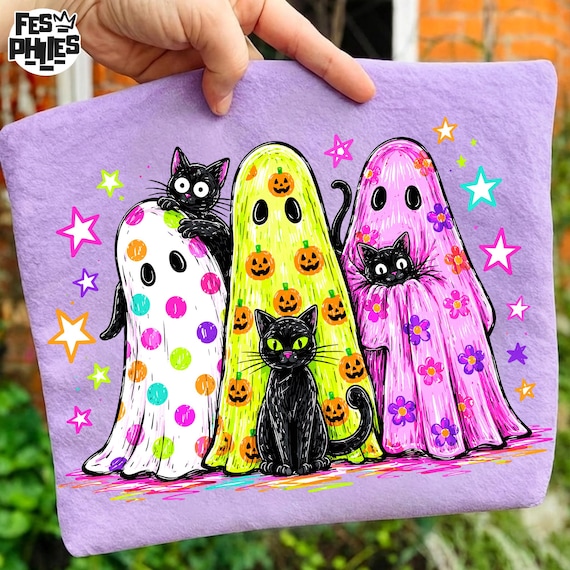 Preppy Girly Ghost PNG, Black Cat Halloween Graphic, Colorful Leopard Ghost Design, Glitter Shirt PNG, Trendy Spooky Season Digital File