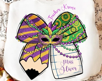 Mardi Gras Teacher PNG, Custom Teacher Krewe Coquette Pencil Clipart, Louisiana Festival Design, Fleur De Lis Mask PNG, Digital File