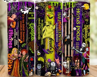 Retro Halloween VHS 20oz Tumbler Wrap, Neon Halloween Movie Characters PNG, Vintage 90s Skinny Tumbler Sublimation Design