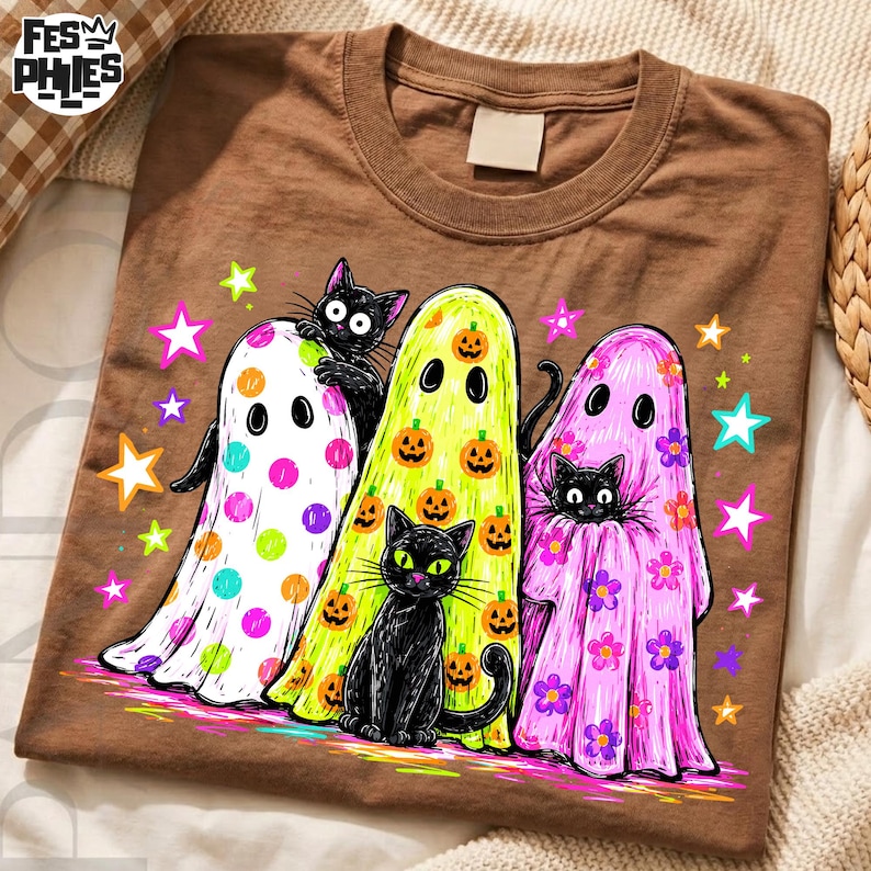 May include: A brown t-shirt featuring a graphic of three ghosts and two black cats. One ghost has colorful polka dots, one has orange pumpkins, and one has purple flowers. The design includes various colorful stars surrounding the figures.