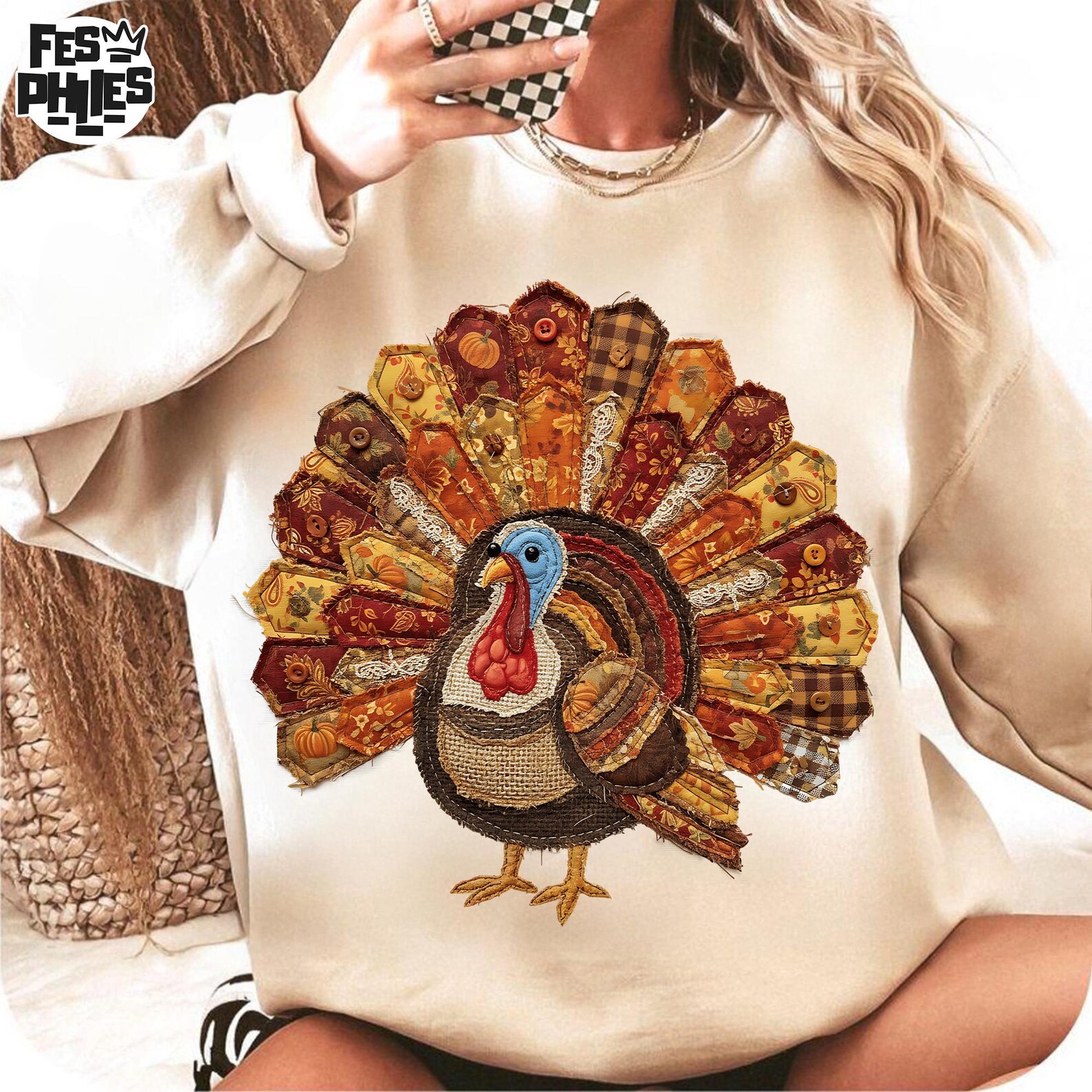 Patchwork Turkey Pattern Farmhouse Fall PNG Design, Patchwork Turkey Png, Thankful Turkey Png ...