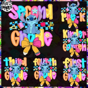 Preppy Pre-K To 4th Grade, Cartoon Pastel Bow Png, Cartoon First Day Of School Design, Blue Alien Back To School PNG Bundle, Cute School PNG
