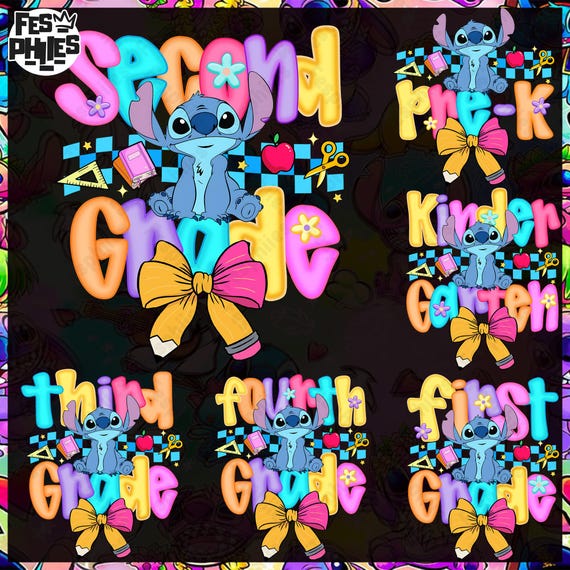 Preppy Pre-K To 4th Grade, Cartoon Pastel Bow Png, Cartoon First Day Of School Design, Blue Alien Back To School PNG Bundle, Cute School PNG