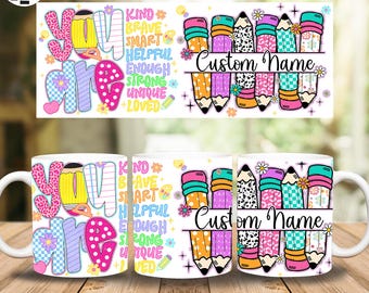 Personalized Teacher Name Mug Wrap, Teacher Appreciations Mug Wrap 11oz Template, Custom Teacher Mug Wrap PNG, 100 Days Of School Png
