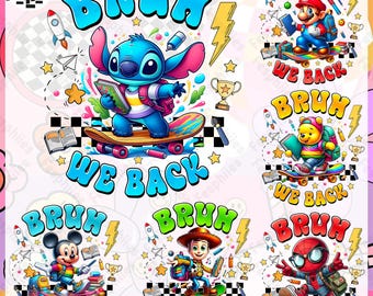 Seriefigurer Bruh We Back PNG-paket, Preppy förskoleklass till 4:e klass png, tecknad första skoldagens design, tecknad pastellrosett png
