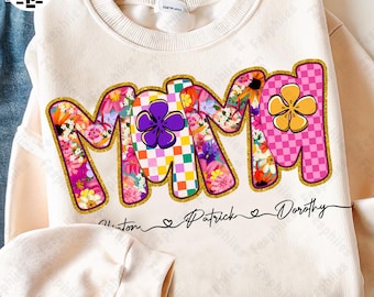 Custom Preppy Mama Floral Glitter Png, Retro Boho Floral Mama with kids names Png, Checkered Everyday Png, Custom Preppy Mama Design