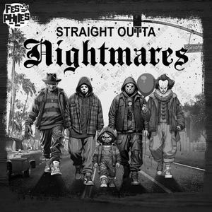 Horrorfilmpersonages png, horrorfilmmoordenaars png, Straight Outta Nightmares png, vrienden horrorpersonages png, Halloween eng png