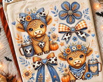 Blue Denim Highland Cow PNG, Retro Fall Patchwork Design, Cute Coquette Cow Shirt, Fall Pumpkin PNG, Thanksgiving Digital Download