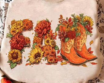 Retro Western Fall Flower Png, Autumn Floral Png, Trendy Pumpkin Fall Png, Western Cowgirl Boots Fall Shirt Design, Fall Season Girly Png