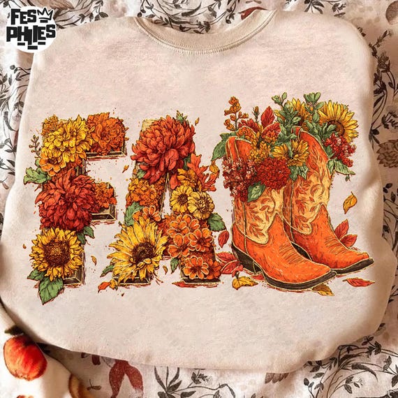 Retro Western Fall Flower Png, Autumn Floral Png, Trendy Pumpkin Fall Png, Western Cowgirl Boots Fall Shirt Design, Fall Season Girly Png
