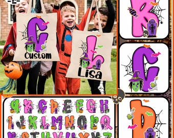 May include: Beige tote bags with Halloween-themed designs. One bag features a purple "C" with a witch, spiderwebs, and the word "Custom". The other bag has a pink "L" with similar Halloween elements and the name "Lisa".
